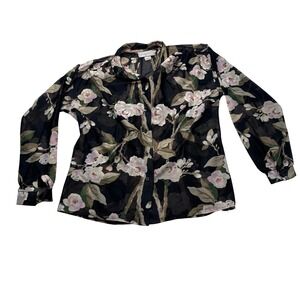Vintage Shapely Floral Semi Sheer  Blouse Black Pink Long Sleeve 18 #912